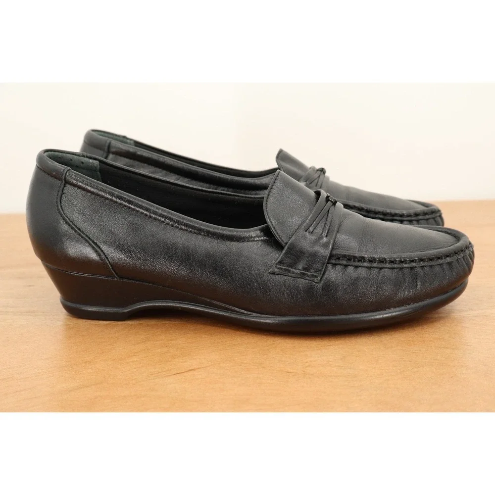 SAS Women's Black‎ Comfort Slip On Loafer Tripad Wedge Heel Leather Size 6